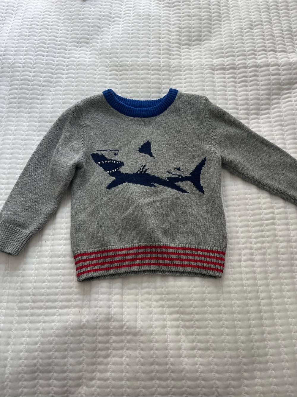 Gray 3T Kids Sweater with Navy Shark and Red Stripe Detail